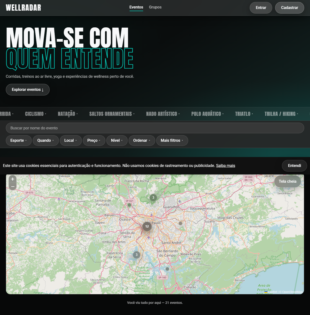 Tela do WellRadar mostrando busca de eventos esportivos por mapa